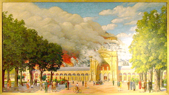 Dieses Gemälde im Zugangsbereich des Feuerwehrmuseums Wien zeigt den Brand der Rotunde im Jahre 1937 auf dem Gelände der Weltausstellung von 1873 im Wiener Prater