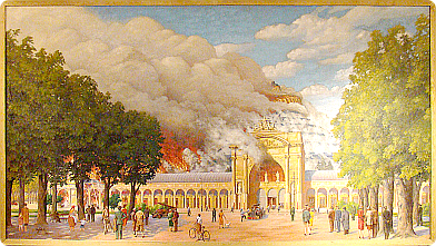 Das Bild zeigt ein Gemälde aus dem Feuerwehrmuseum Wien vom Brand der Rotunde 1937 im Wiener Prater
