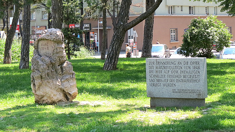 Gedenksteine an die hier Gefallenen der Revolution von 1848 im Märzpark in Wien ...