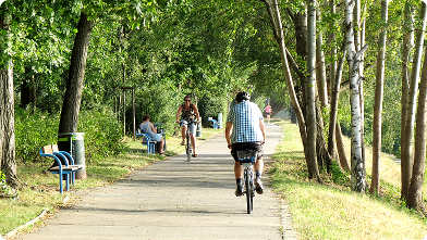 Radweg und Gehweg mit Bänken am Donaukanal in Wien